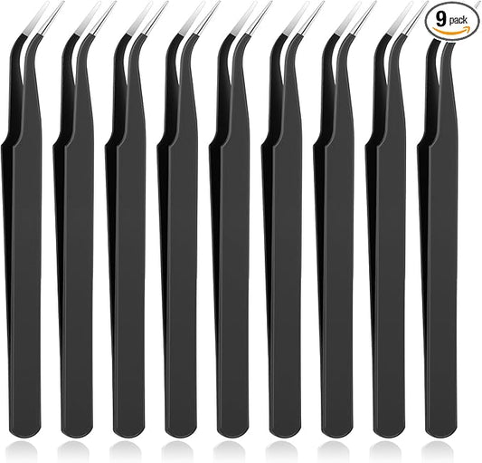 9 Pieces Craft Tweezers, Stainless Steel Curved Pointed Precision Tweezer Anti-Static Pointed Sticker Tweezers Fine Crafting Tweezer for Electronics, Soldering, Jewelry Making (Black)