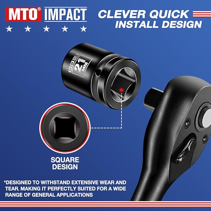 MTO 1/2" Drive 21mm Shallow Impact Socket, 6-Point Metric Socket for Automotive Maintaince, CR-V Steel Meets ANSI Standards
