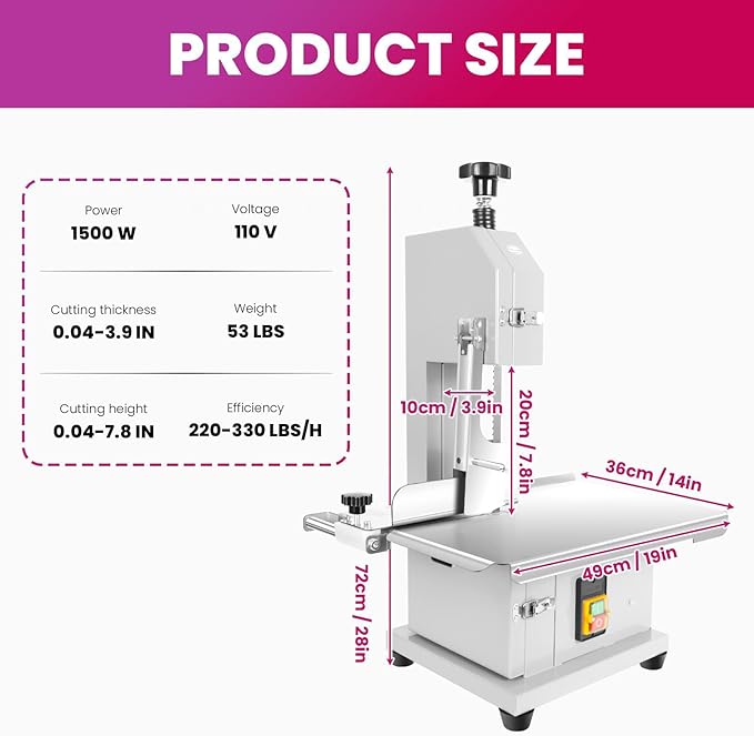 1500w Electric Meat Bone Saw, Stainless Steel Tabletop Meat Bandsaw for Butchering, Cutting Thickness 0.8-7.1 Inches, Commercial Frozen Meat Cutting Machine with 6 Blades, Workbeach 19.3 "x 15.35"
