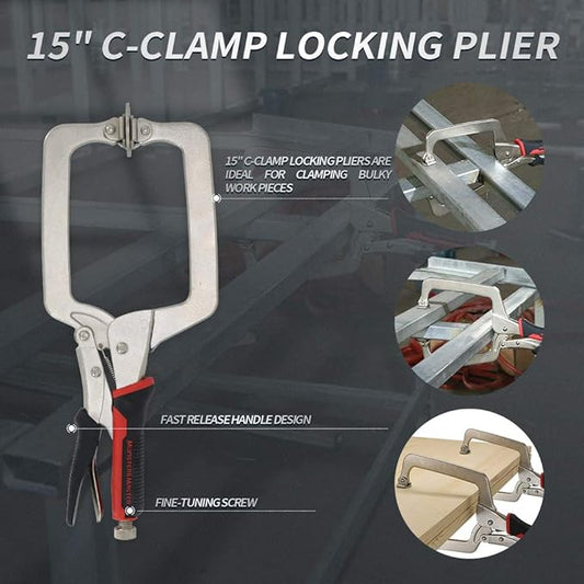 Monster & Master 15" C clamp Locking Pliers with Swivel Pads, Face Clamp for Woodworking, Welding and Pocket Hole Joinery, 2-Piece,