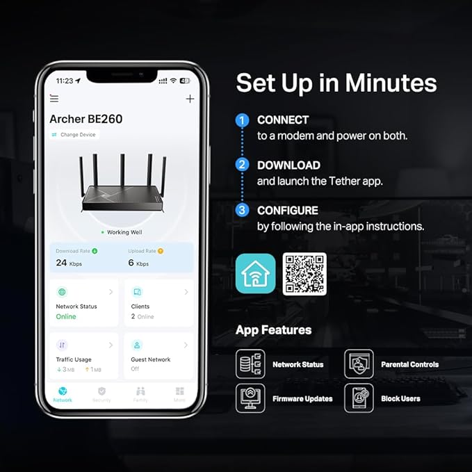 TP-Link Dual-Band BE5000 WiFi 7 Router Archer BE260 | 5-Stream 5Gbps | 1횞2.5G WAN+1횞2.5GLAN+3횞1G Ports, USB 3.0 | 5 External Antennas | VPN Clients & Server | Easy-Mesh, HomeShield, MLO, Private IOT