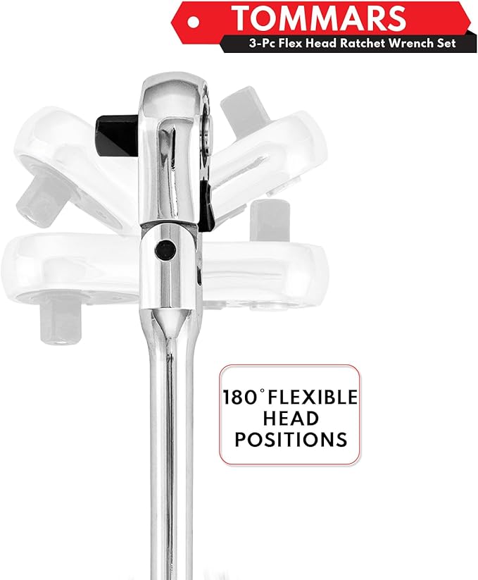TOMMARS Flex-Head Ratchet Set, 1/4", 3/8", 1/2" Drive Flexible Ratchet Handle Wrench 72-Tooth Quick-Release Reversible Gift for Men Mechanic Hand Tools