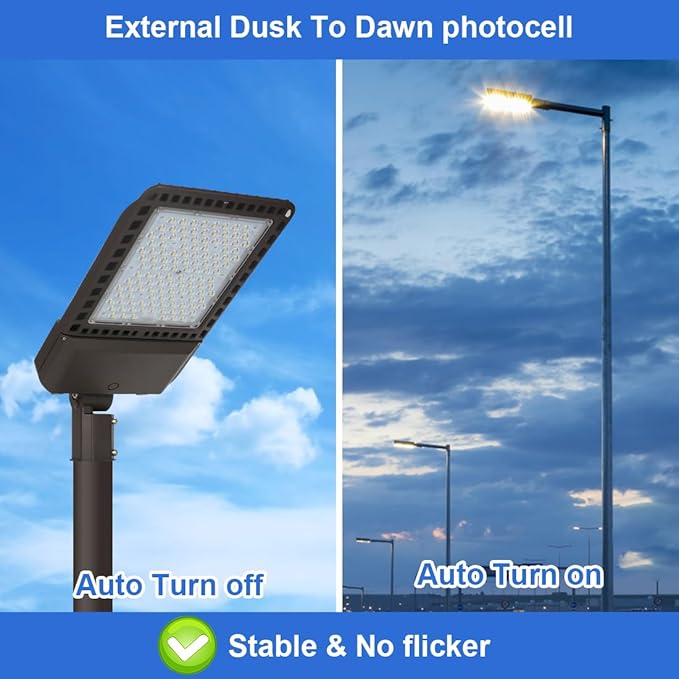 Juyace 300W LED Parking Lot Light with Slip Fitter Mount Pole Flood 5000K IP65 Waterproof Commercial Street Dusk to Dawn Photocell Lighting 100-277V