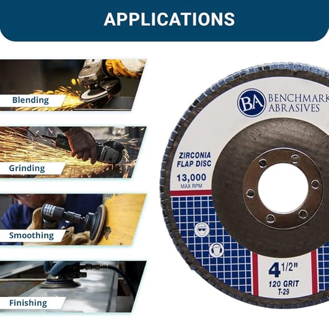 Benchmark Abrasives 4.5" x 7/8" Premium Zirconia T29 Angled Flap Discs 4 1/2 for Angle Grinder, Sanding Discs, Finishing, Rust, Stock Removal- Grinding Wheels 4 1/2 Inch (100 Pack) - 120 Grit