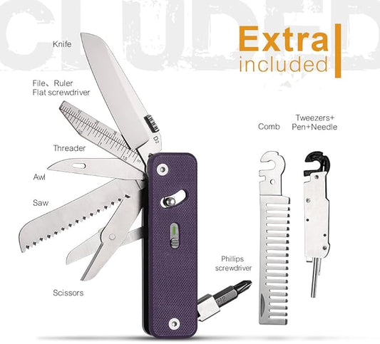 ROXON S503G 9 in 1 Mini Multi Tool EDC Pocket Knife Multitool with G10 Handle,Scissors,Screwdriver,Threader,Awl, Flat Screwdriver,Ruler,Tweezers for Outdoors Fishing Camping,Gifts for Men (Purple)