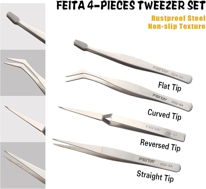 FEITA Professional Craft Tweezers Stainless Steel Precision Tweezer Set for Hobby, Electronics, Model Making, Jewelry Picking Tool - 4 Pieces
