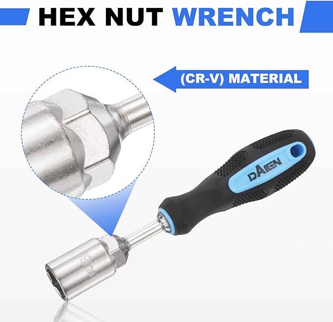 HARFINGTON Metric Nut Driver 19mm CR-V Non-Magnetic Detachable Tip Hollow Shafts Hex Socket Screwdriver with Anti-Slip Handle for Automobile Repair Bit Driver, Blue/Black