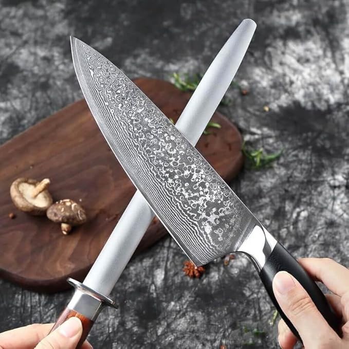 Seido Knives 10-Inch Rosewood Diamond Sharpening Rod - Honing Steel Knife Sharpener with Rosewood Handle