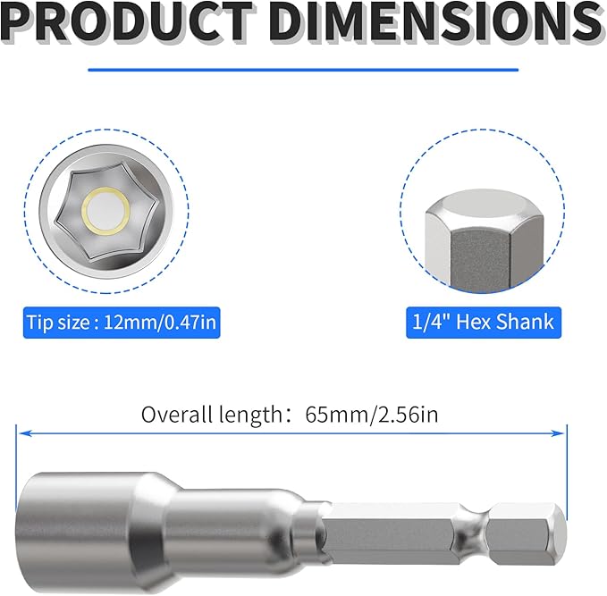 FOCKEAMS 12mm/0.47in Magnetic Nut Setter Driver Drill Bit,Quick-Change,Impact Nut Driver Kit for Electric Drill,1/4" Hex Shank Drill Socket,65 mm Length Cr-V Adapter Drill Bits,Metric&SAE