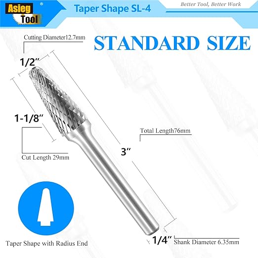SL-4 Tungsten Carbide Burr Rotary File Taper Shape with Radius End Double Cut with 1/4" Shank for Die Grinder Drill Bit