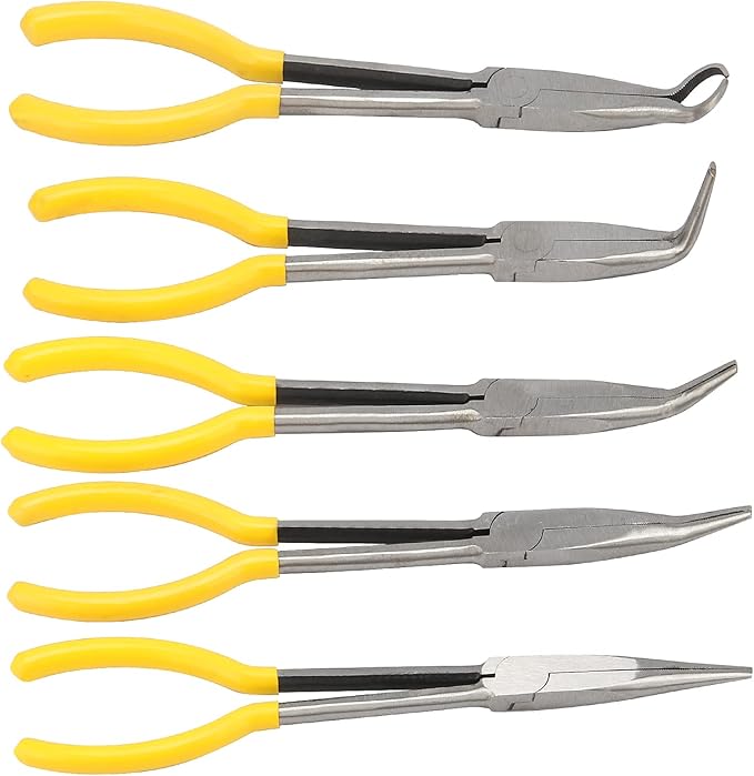 MOUYAT 5 PCS 11 Inch Long Nose Pliers Set, Long Reach Needle Nose Pliers Set Including Straight, 25 Degrees, 45 Degrees, 90 Degrees and Circle Pliers for Mechanics Technicians Contractors Work Repair