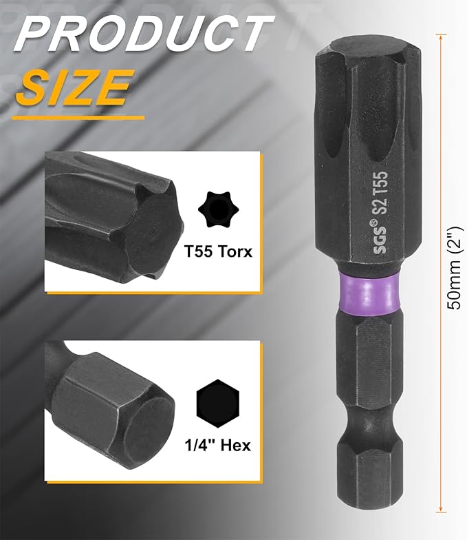 HARFINGTON 5pcs T55 Torx Head Impact Screwdriver Bits 1/4" Hex Shank 2" (50mm) Long Magnetic No Hole Tamper Proof 6 Point Star Screw Driver Drill Bits Phosphate S2 Steel Power Tools