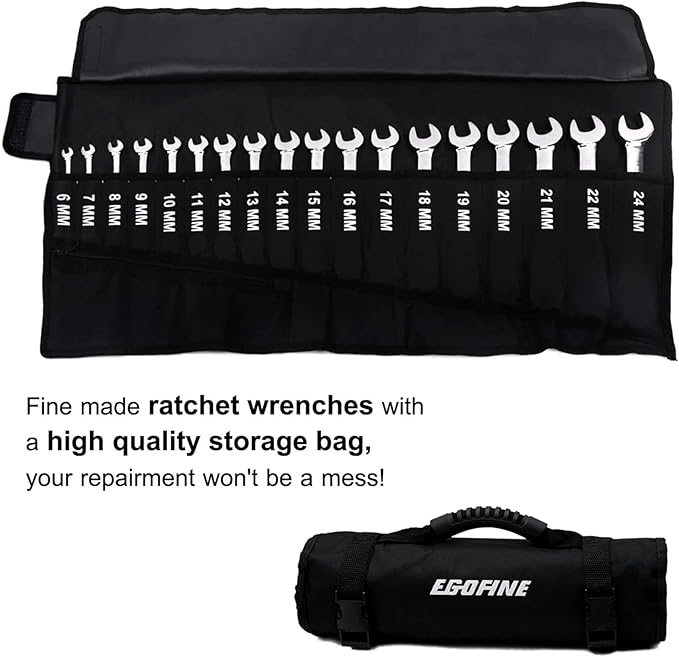 Egofine Ratcheting Wrench Set, 6 mm - 24 mm Metric Wrench Set 18pc, 72 Teeth Combination Wrenches Set, Chrome Vanadium Steel with a Roll Up Storage Bag