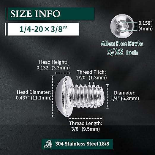 1/4-20 x 3/8" Button Head Socket Cap Bolts Screws, 304 Stainless Steel 18-8, Allen Hex Drive, Bright Finish, Fully Machine Thread, Pack of 100