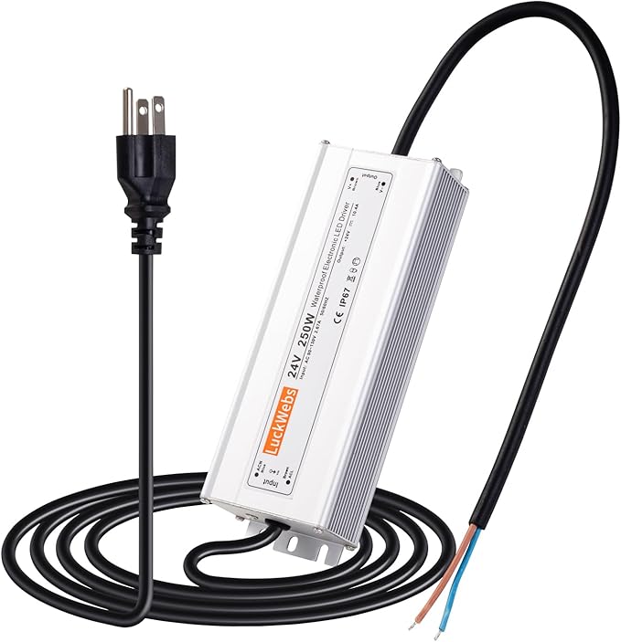 LED Driver 24V250W Waterproof Power Supply AC 90-130V to DC 24V10.4A Low-Voltage IP67 Transformer Suitable for Indoor Outdoor LED Strip Lights and Any 24V DC High-End Equipment