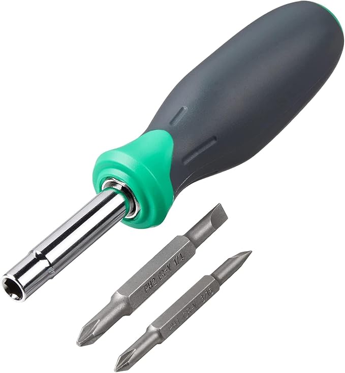 Amazon Basics 6-in-1 Multi-Bit Screwdriver/Nut Driver, Multicolor(Silver, Northern Glow Green, Grey)