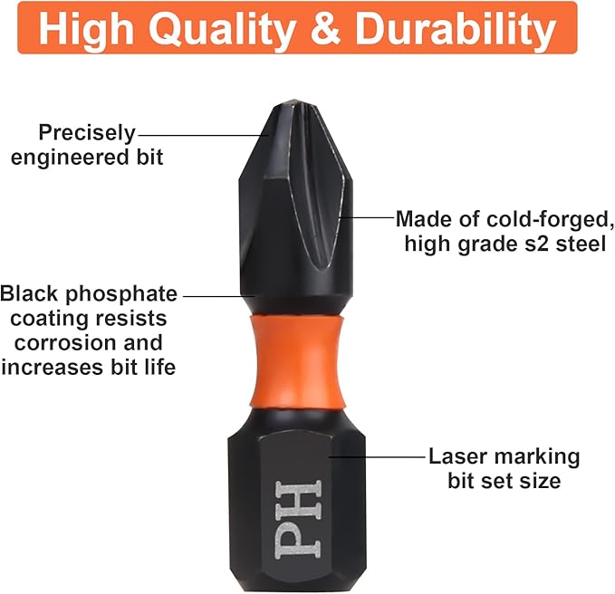 Pro PH1 Bit Assortment - Screwdriver Bits Set 20Pcs, 25mm Length, Phillips Screwdriver Bit, 1/4 Inch Hex Shank, with Storage Box