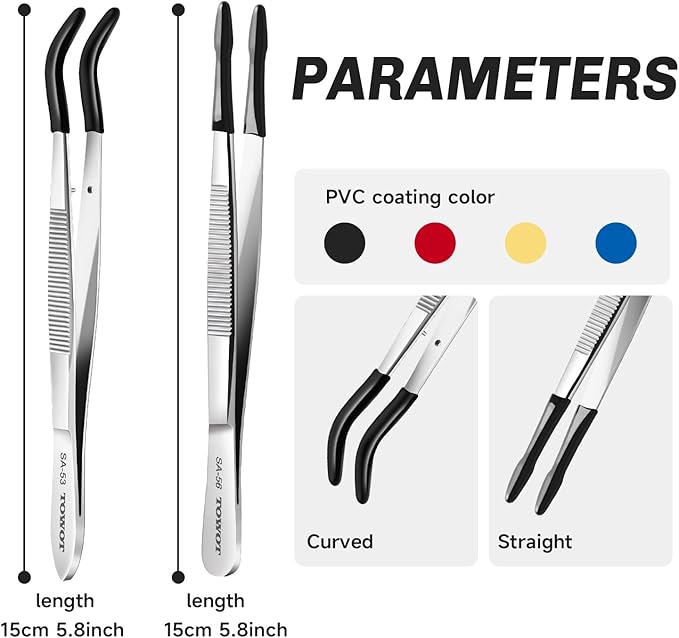 TOWOT 2 PCS Rubber Tipped Tweezers, PVC Rubber Coated Tweezers Bent and Straight Flat Tip craft Tweezers for Stamp Jewelry Hobby Crafts Industrial Electronic(red)