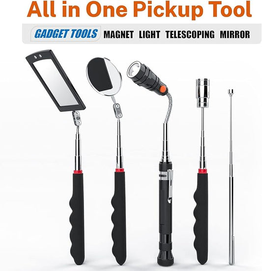 Telescoping Magnetic Pickup Tool Set with 1 & 15 lb Pick Up Sticks, Round and Square Adjustable Inspection Mirror and Flexible LED Flashlight, Christmas Stocking Stuffers for Men Adults, Gifts for Him