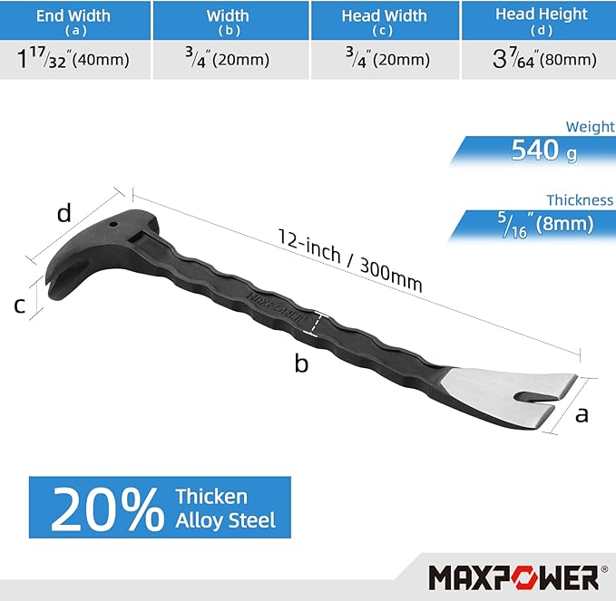 MAXPOWER 2Pcs Pry Bar Set, Heavy Duty Flat Pry Bar 15-inch and Claw Nail Puller 12-inch, Strikable Head and Full Body Drop Forged Crowbar Tools