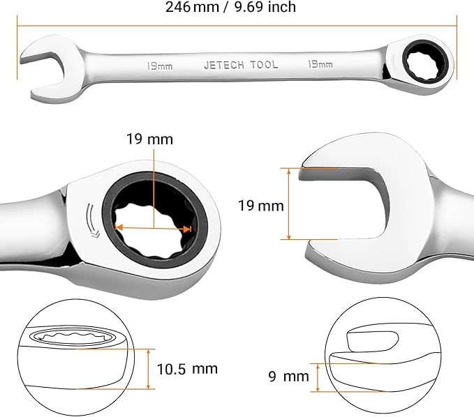 Jetech 19mm Ratcheting Combination Wrench, Industrial Grade Gear Spanner with 12-Point 72-Tooth Ratchet, Forged and Heat-Treated Cr-V Steel, Metric