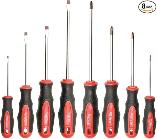 ROTATION 8-Piece Magnetic Screwdrivers Set with red tip, 4 Phillips and 4 Slotted Tips, Professional Cushion Grip Screwdriver Set with High Torque