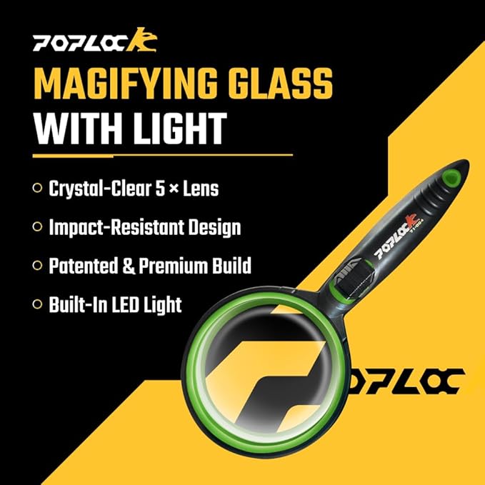 POPLock Magnifying Glass with Light, 5X Optical Lens, Concave Convex Design for Close Work, Green