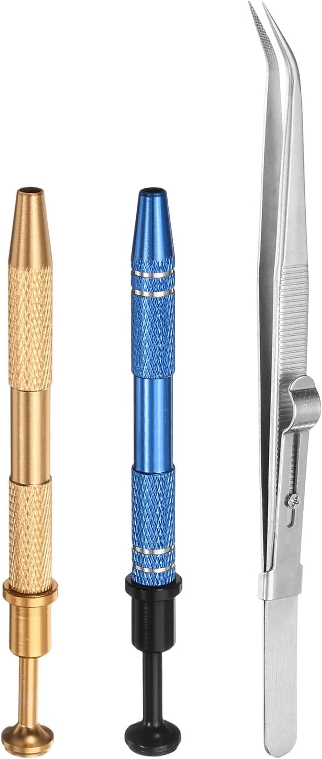 HARFINGTON 3pcs Diamond Tweezer Holder Pick Up Tool Set Stainless Steel 4 Claw Holder Elbow Head Jewelry Locking Tweezer for Tiny Objects Electronic Components, Silver/Gold/Blue