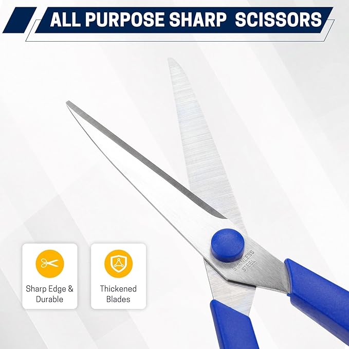 8" 12 Pack All Purpose Heavy Duty Scissors- Comfort-Grip Sharp Scissors for Office School Sewing Fabric Craft High/Middle School Student Teacher Scissor, Right/Left Hand