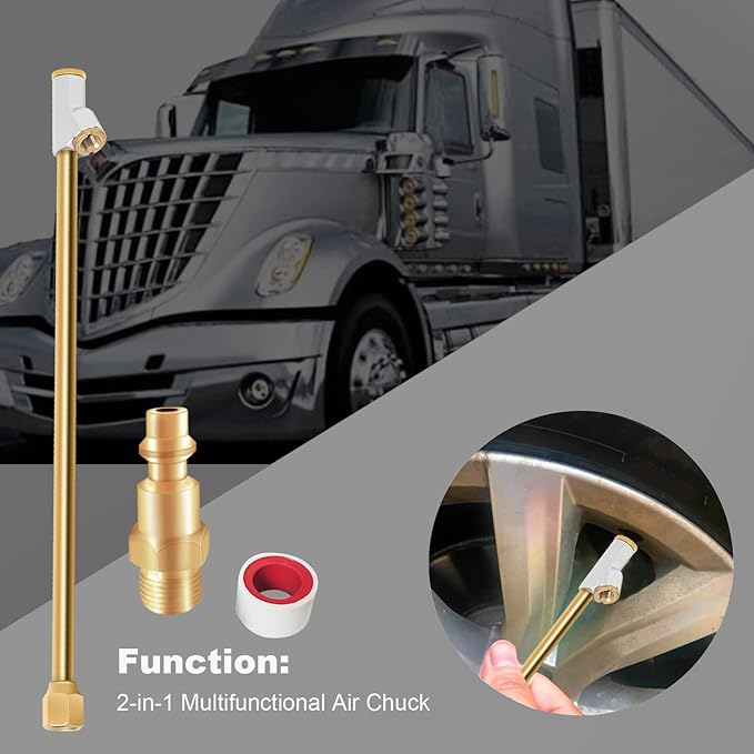 GODESON Air Chuck for Semi Truck, 1/4" FNPT 11.8" Extended Reach Dual Head Brass Air Chuck with Brass Quick Plug, 2-Way Connect Air Chuck for Semi, RV Dually Tires