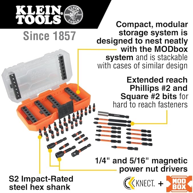 Klein Tools 33801 Impact Driver Bit Set with Magnetic Nut Drivers, ProFlex S2 Steel Phillips, Slotted, Square, TORX Bits with Case, MODBox Compatible, 40-Piece