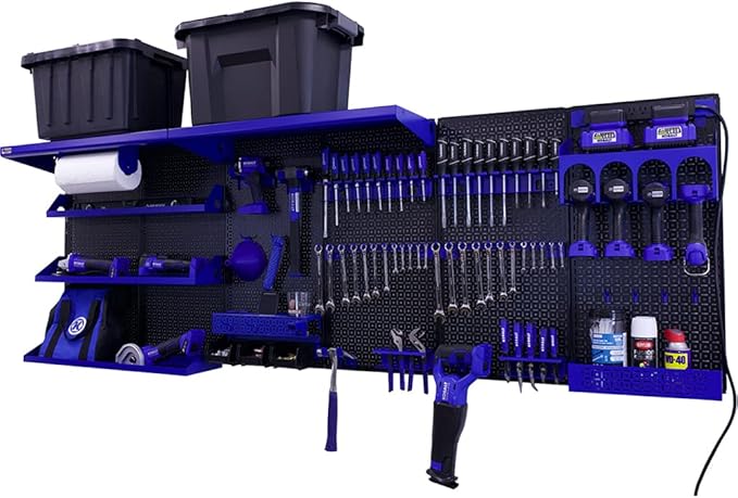 OmniWall Weekend Warrior Ultimate Tool Kit-96" x 32" Metal Pegboard Wall Storage System Black/Blue