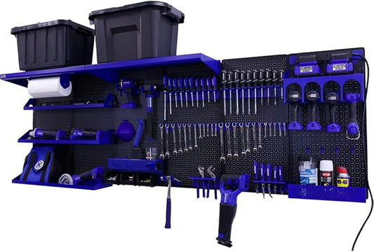 OmniWall Weekend Warrior Ultimate Tool Kit-96" x 32" Metal Pegboard Wall Storage System Black/Blue