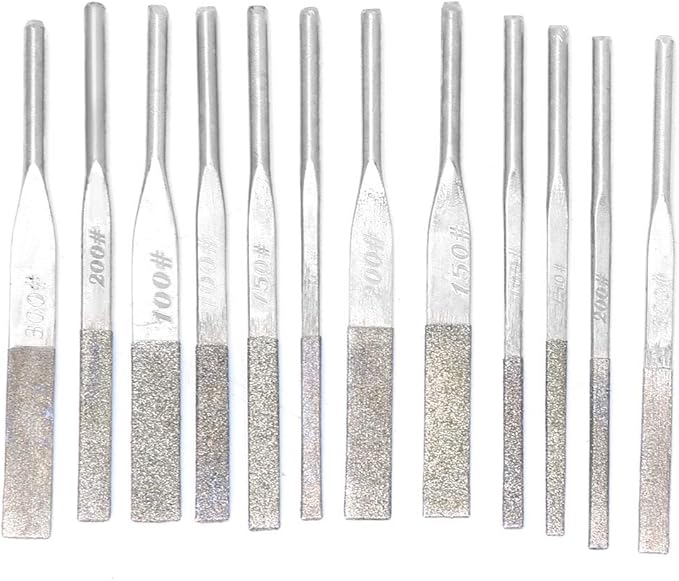 12 Piece Needle File Set, Shank Taper Machine Files for Reciprocating Grinding, 100/150/200/300 Grit