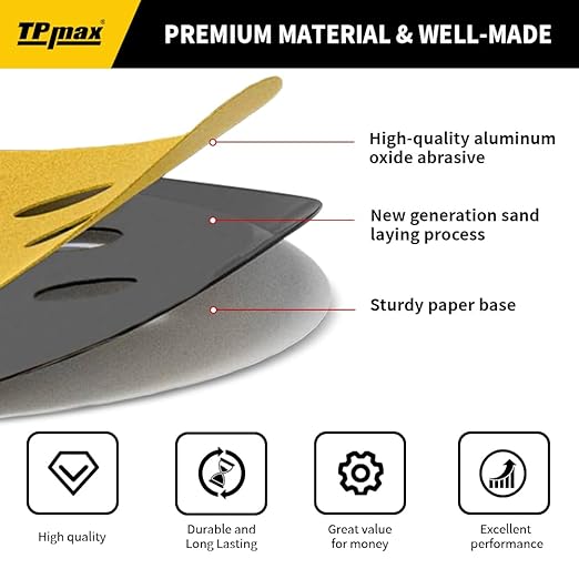 100PCS 5 Inch 100 Grit 125mm 8 Hole Sanding Discs Sandpaper - Premium Gold Round Hook and Loop for Random Orbital Sander - Ideal for Wood, Metal, Automotive