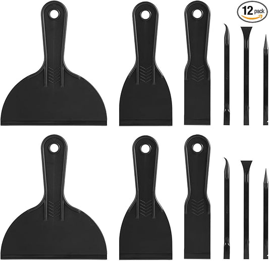 12pcs Plastic Putty Knife Set, Spackle Tool, Include 6 Black Flexible Putty Scraper and 6 Detail Scraper for Repair Spackling Patching Plastering and Painting