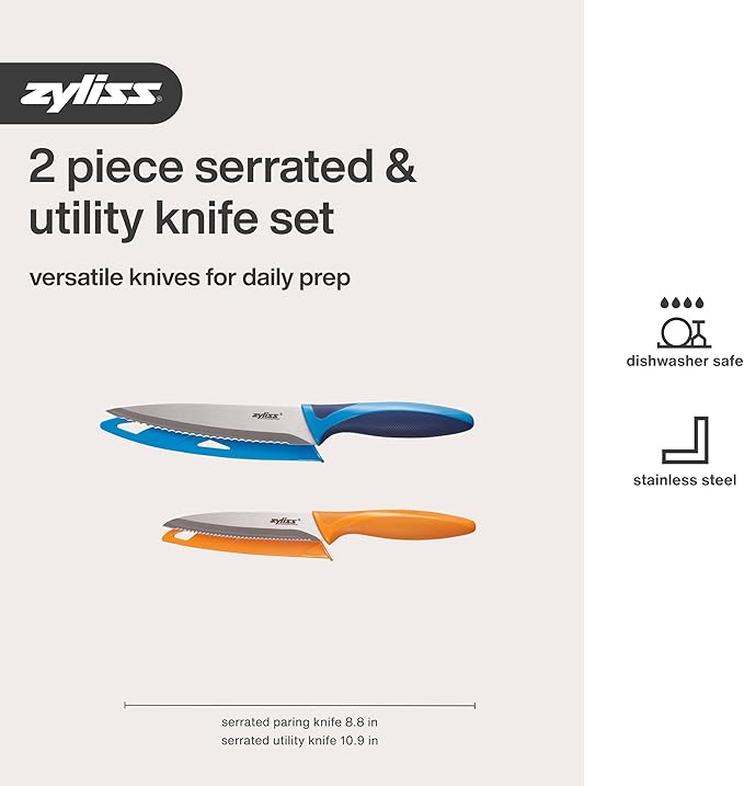 Zyliss Utility Kitchen Knives with Sheath Covers - Dishwasher Safe - Stainless Steel Kitchen Knives Perfect for Cutting Meat, Vegetables & Fruit - 2 Piece Serrated Utility Set