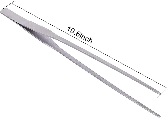 Stainless Steel Polished Extra-Long 10.6 inch Tongs Tweezers with Precision Serrated Tips for Garden, Kitchen, Indoor & Outdoor