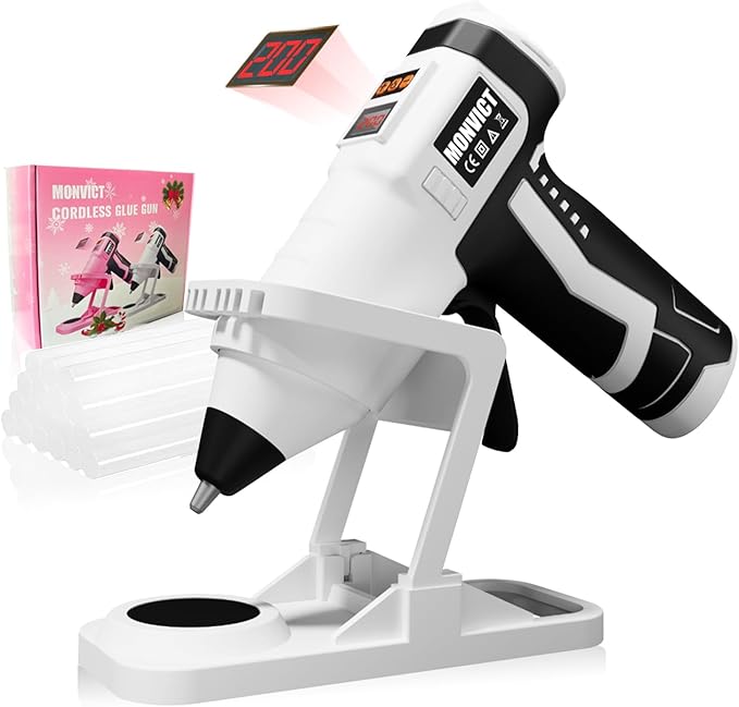 MONVICT Cordless Hot Glue Gun with Holder Base - Digital Display & Adjustable Temp, Smart Auto-Off, Stand with Silicone Pad, 7.4V 2.6A Rechargeable Battery, 10 Glue Sticks, Fast Heating for DIY Crafts