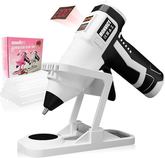MONVICT Cordless Hot Glue Gun with Holder Base - Digital Display & Adjustable Temp, Smart Auto-Off, Stand with Silicone Pad, 7.4V 2.6A Rechargeable Battery, 10 Glue Sticks, Fast Heating for DIY Crafts