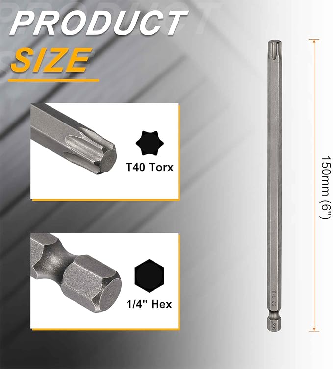 HARFINGTON 2pcs T40 Torx Head Screwdriver Bit 1/4" Hex Shank 6" (150mm) Long Magnetic No Hole Tip Tamper Proof 6 Point Star Screw Driver Drill Bits S2 Steel Industrial Power Screwdrivers