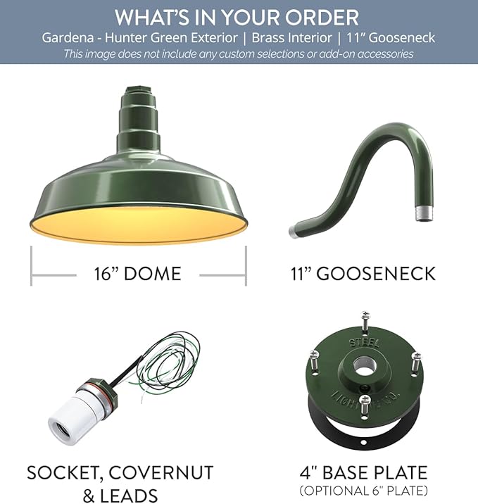 Steel Lighting Co. | Dusk to Dawn | Gardena Barn Light | Outdoor Wall Mounted | 16" Dome | 11" Gooseneck | Farmhouse Light Made in America | Hunter Green/Brass