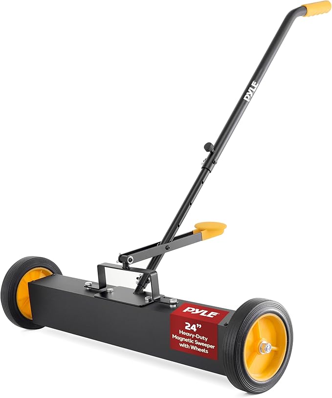 Pyle 24” Rolling Magnetic Sweeper with Adjustable Handle - Strong and Durable Metal Construction, Heavy-Duty Cleaning, Metal Pickup for Industrial and Commercial Use (Black and Orange)