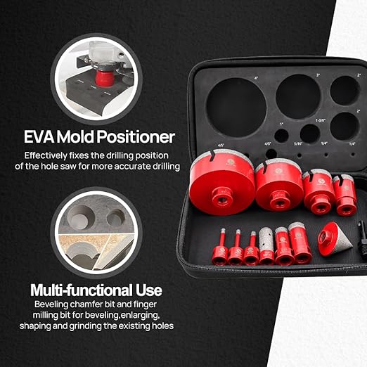 FOCSTOL Diamond Core Drill Bit Set - 12pcs (6/6/8/20/25/35/50/75/100mm+20mm Finger Milling Bit+50mm Beveling Chamfer Bit+SDS) Diamond Hole Saw Kit for Porcelain Ceramic Tile Marble Granite