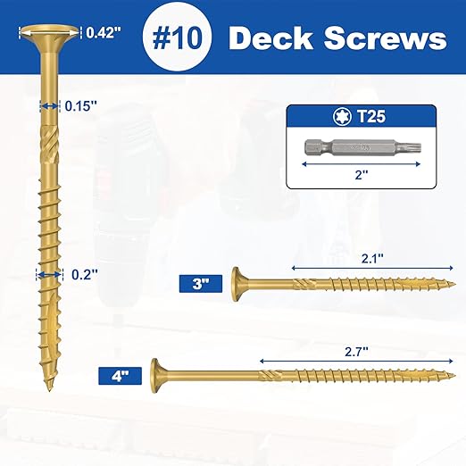 #10 x 4??Deck Screws, 500Pcs Star Drive Wood Screws, Rust Resistant Timber Screws for Timber/Log/Landscaping Wood, T25 Star Bit Included, Yellow