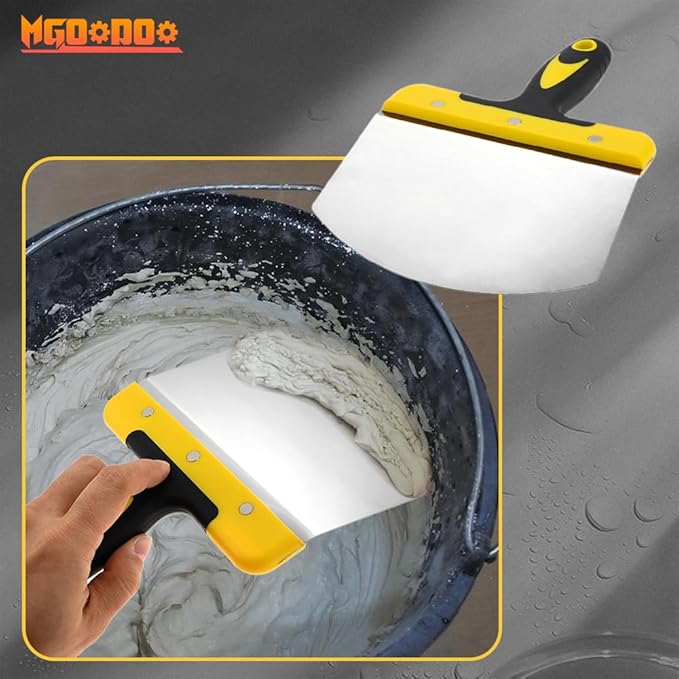 Mgoodoo 2PCS Stainless Steel Bucket Scoop,6.7 inch Curved Contoured Blade Putty Knife for Drywall & Plaster,Rustproof Scraper Tools with Soft-Grip Handle for Clean Paint,Mortar,Putty,etc(Yellow)