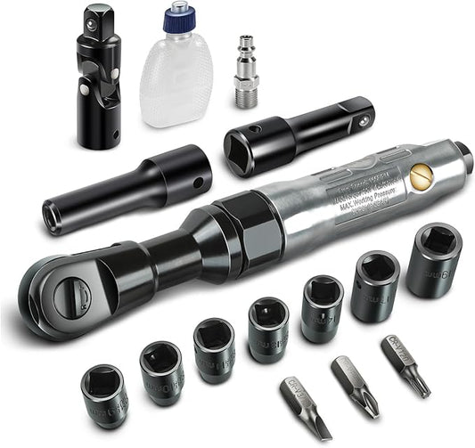 DNA MOTORING 17 Pcs 1/2-Inch Air Ratchet Wrench Set 50 FT.-LB / 69 N.M Electric Ratchet Wrench Set for Repairs, Machinery Maintenance Assembly, W/Case, Sliver/Black, TOOLS-00529