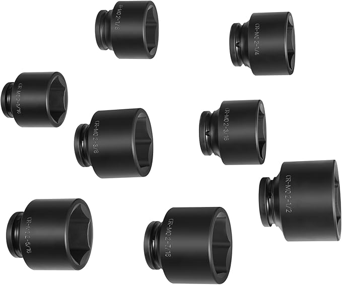 8PCS 3/4" Drive Spindle Axle Nut Impact Large Socket Set, 2-1/16" to 2-1/2", CR-MO Steel, 6-Point