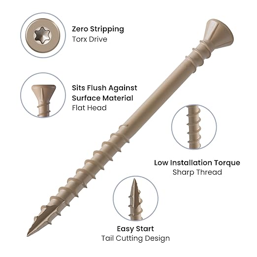 #8 Deck Screws 1-5/8 Inch Exterior Wood Screws Flat Head Torx Drive Rust Resistant Epoxy Coated Reverse Upper Thread Trim Screw (1lb, 148pcs), Tan