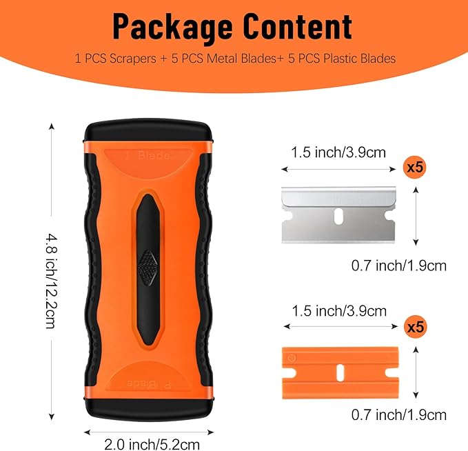 DEKEones Razor Blade Scraper, 1 Pack 2-in-1 Retractable Double-ended Razor Scraper Tool with Extra 5Pcs Plastic and Metal Razor Blades, Multi-Purpose Scraping Tool for Cooktop Oven (Orange）